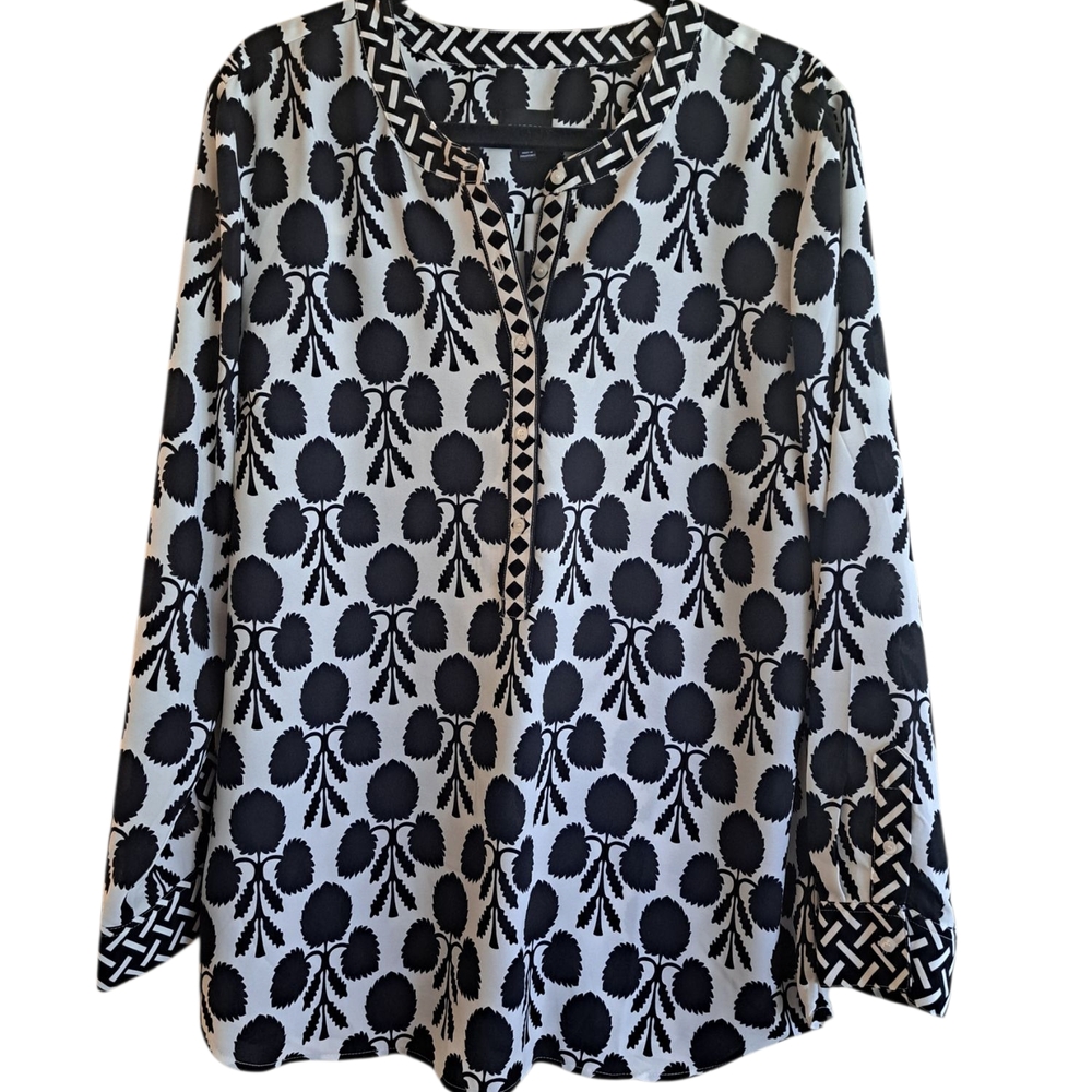 Talbots Black and White Buttoned Blouse with Mandarin Collar